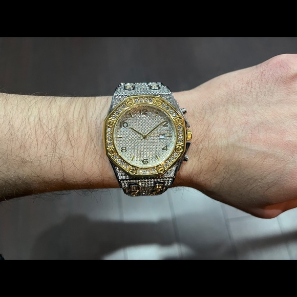 Mens hexagon watch cz diamonds two tone premium quality hip hop rapper - Picture 1 of 3